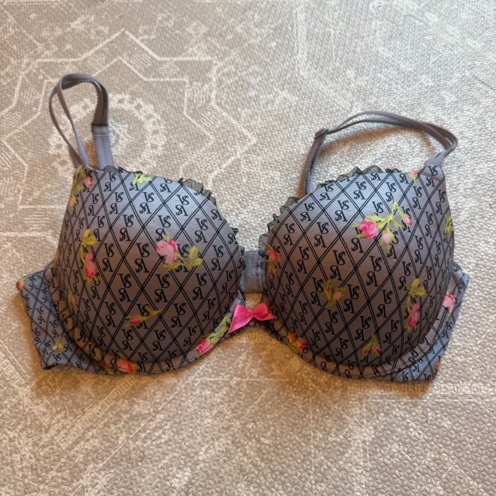 Victoria's Secret Push-Up Bra Women 34D Grey Floral Very Sexy Lace Trim